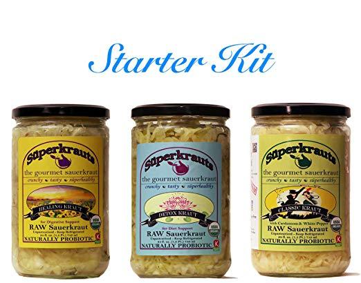 Starter kit combo-pack: raw fermented sauerkraut, organic, probiotic, kosher and unpasteurized No shipping charges with this combo pack.